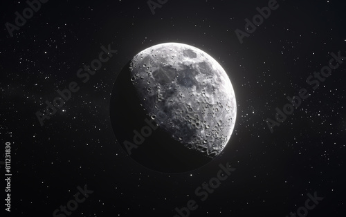 Moon, space and stars with black background of universe for adventure, exploration or fantasy. Cosmos, planet and wallpaper of astrology, astronomy or constellation for interstellar solar system