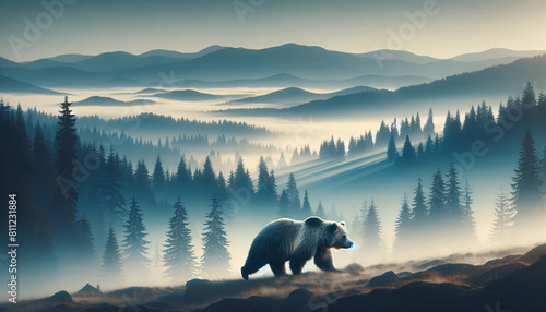 A grizzly bear walking across a misty landscape. The bear, captured in full profile, strolls along a forest's edge photo