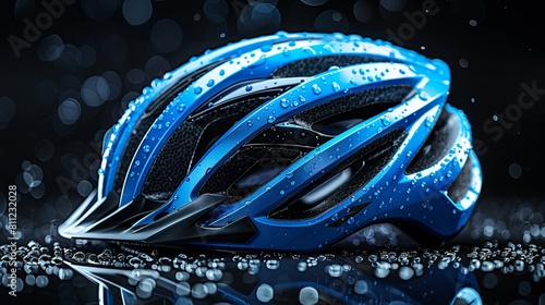 A blue bicycle helmet with rain drop on black background photo