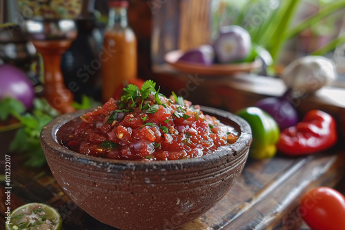 Homemade mexican salsa in brown bowl