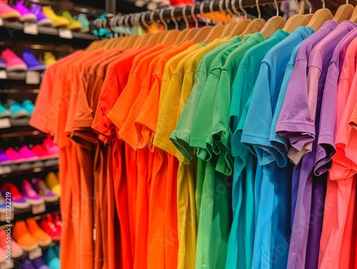 A rack of colorful shirts in a store. Pride color.