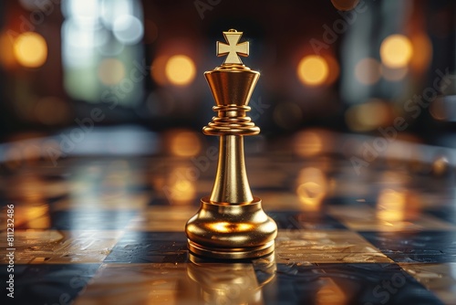 A majestic golden chess king stands alone on a reflective chequered board with ambient lighting