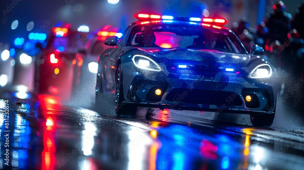 Capture the tension of a high-speed chase through city streets, with police cars pursuing a stolen vehicle as it weaves Capture the tension of a high-speed chase through city streets, with police cars pursuing a stolen vehicle as it weaves