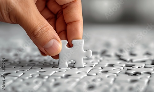 Close-up of a hand placing a puzzle piece.