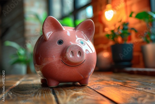 A cute, smiling piggy bank sits on a wooden surface illuminated by warm light, suggesting savings