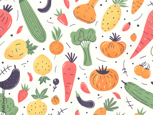 Adorable hand-drawn vegetable cartoon pattern in fresh colors for fabric, paper, apron, logo, stickers, crafts. Ideal for all your creative projects.