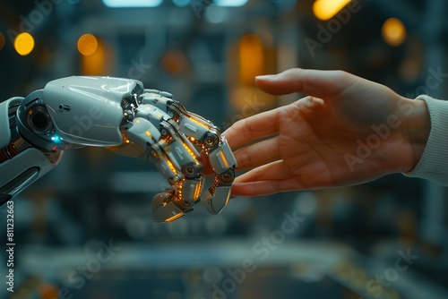 A hand reaching out to a robot.