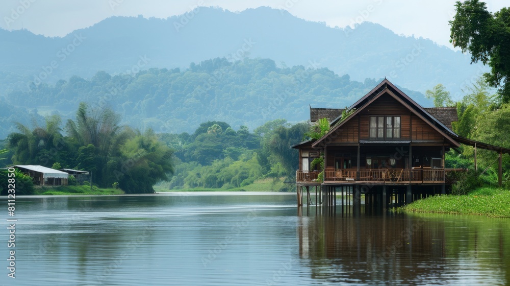 A traditional wooden house overlooking a tranquil river, embodying the charm and simplicity of riverside living in rural communities.