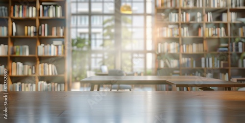  Modern sunlit library with floor-to-ceiling windows, extensive bookshelves, and minimalistic furniture.