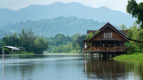 A traditional wooden house overlooking a tranquil river  embodying the charm and simplicity of riverside living in rural communities.
