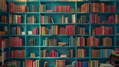  Vibrant teal bookshelves packed with colorful  diverse books  educational or literary themes.