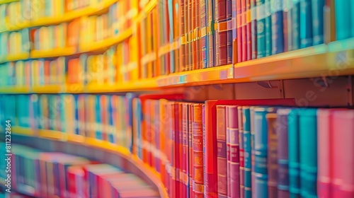  Vibrant library shelves, colorful books in blurred abstract style, creative and educational themes.