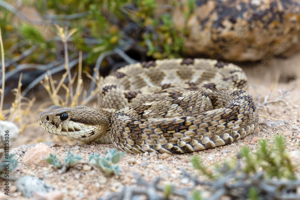 Western Diamondback Rattlesnake in Desert Habitat - Venomous Reptile in Natural Wildlife Setting Western Diamondback Rattlesnake in Desert Habitat - Venomous Reptile in Natural Wildlife Setting