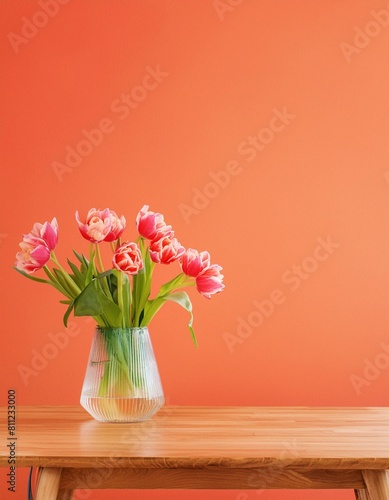 Wallpaper Mural Spring Serenade: Tulips on Wooden Table Against Coral Wall Torontodigital.ca