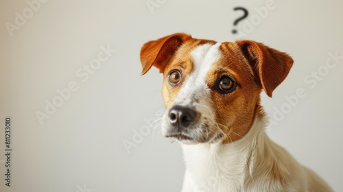 Who, What, Where? Adorable Confused Dog with Question Marks on White Background - Brown Hair, Cute