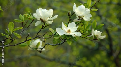 Sweetbay Magnolia Tree with Beautiful Blooms. Horizontal Landscape Shot of Magnolia Virginiana photo