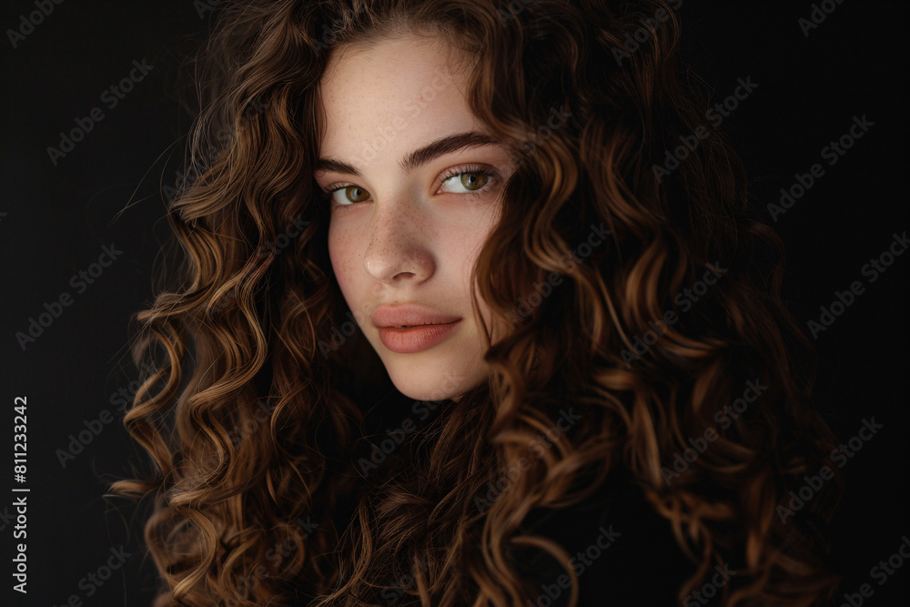 Curly hair of young woman on the black background Curly hair of young woman on the black background