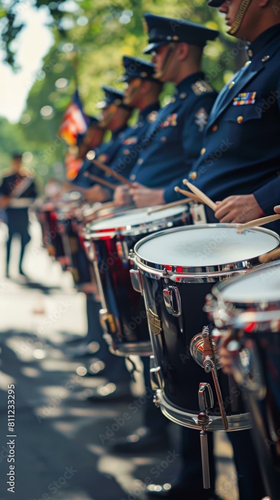  Uniformed drummers in a parade, with a focus on snare drums and marching equipment, vibrant and dynamic.