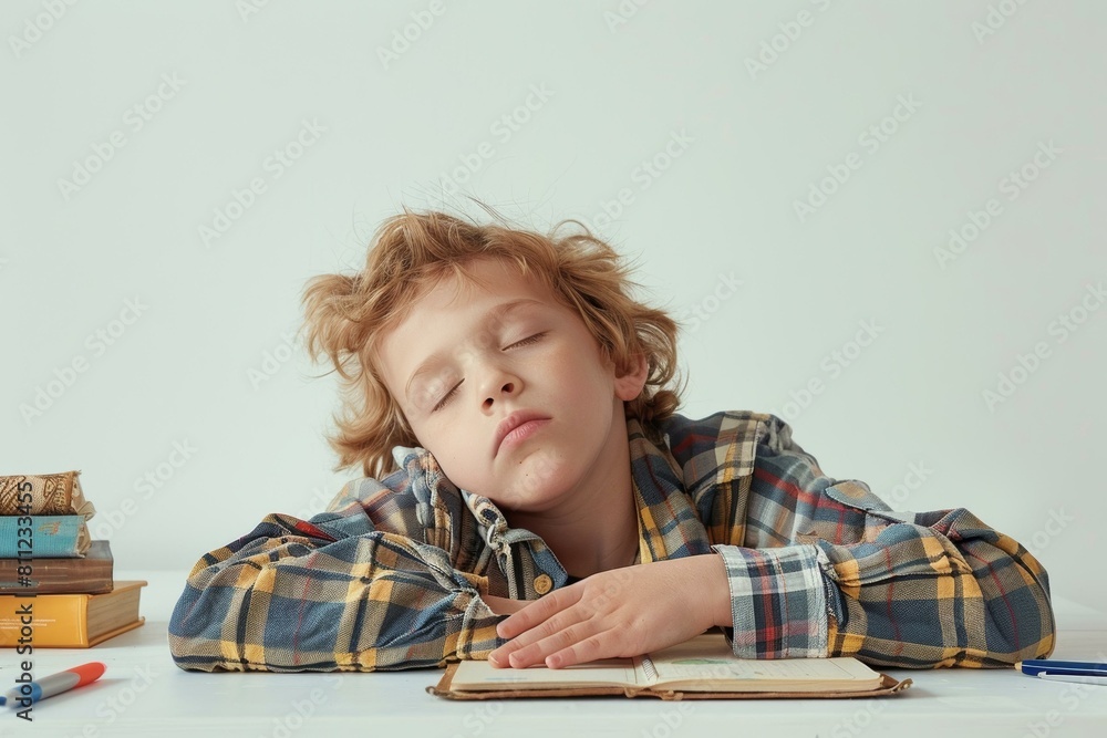 Young boy napping on notebook, surrounded by books and pen, showcasing exhaustion or educational theme. Young boy napping on notebook, surrounded by books and pen, showcasing exhaustion or educational theme.
