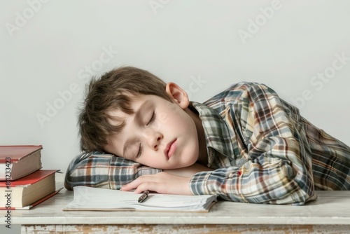  Young boy sleeping at desk beside books, showcasing exhaustion, dedication, or workload themes.