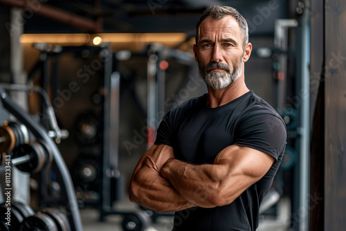 Mature muscular man in modern gym on background