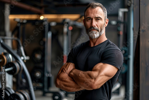 Mature muscular man in modern gym on background photo