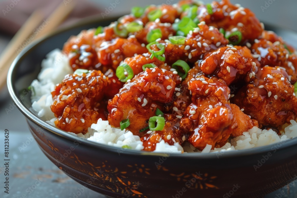 Spicy Sweet and Sour General Tso Chicken in a Bowl with Rice and Stir-Fried Fries Spicy Sweet and Sour General Tso Chicken in a Bowl with Rice and Stir-Fried Fries