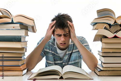  Stressed male student with books, expressing overwhelming academic pressure.