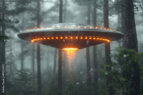 An eerie UFO emits orange light beams in a misty forest, creating a scene of intrigue and potential close encounter with alien life photo