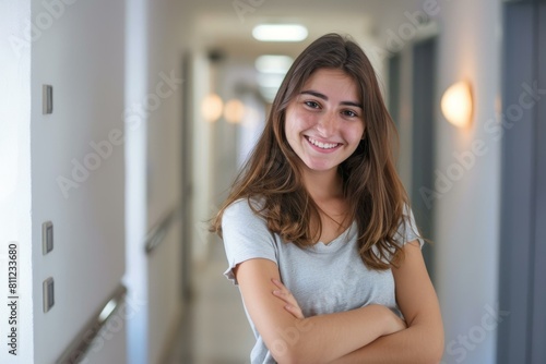  Cheerful young woman smiling in a corridor  radiating positivity and approachability.