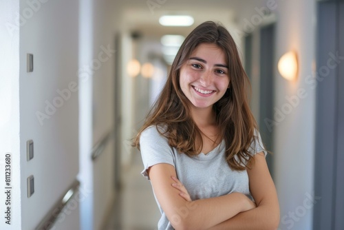 Cheerful young woman smiling in a corridor, radiating positivity and approachability. Free Download Cheerful young woman smiling in a corridor, radiating positivity and approachability. - GFXLoad
