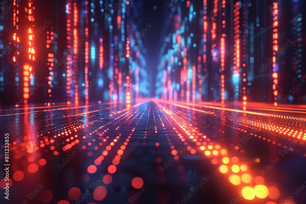 This image depicts a vibrant abstract visualization resembling a data stream with neon red and blue lights This image depicts a vibrant abstract visualization resembling a data stream with neon red and blue lights