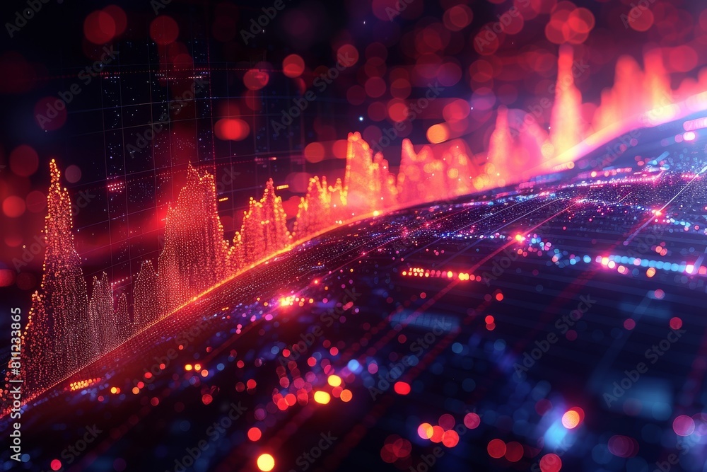 Obraz premium A digital representation of financial market analysis with colorful light patterns simulating graphs and data movement