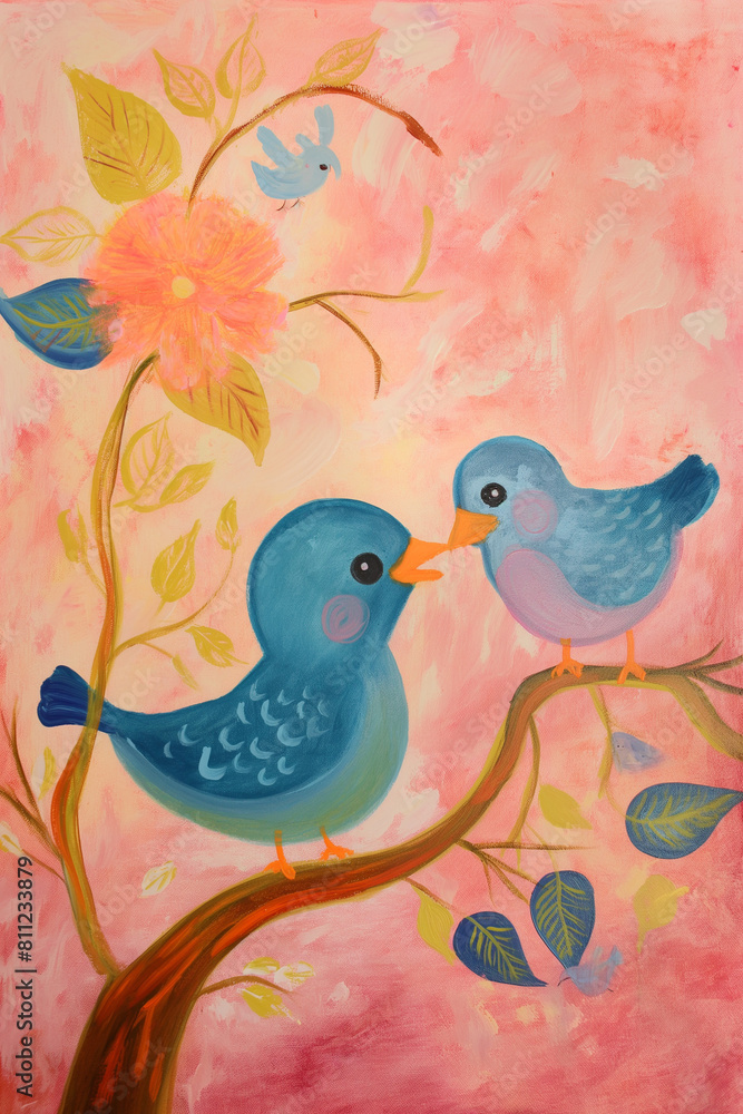 Pássaros fofos em uma árvore - Ilustração fofa no estilo pintura 
