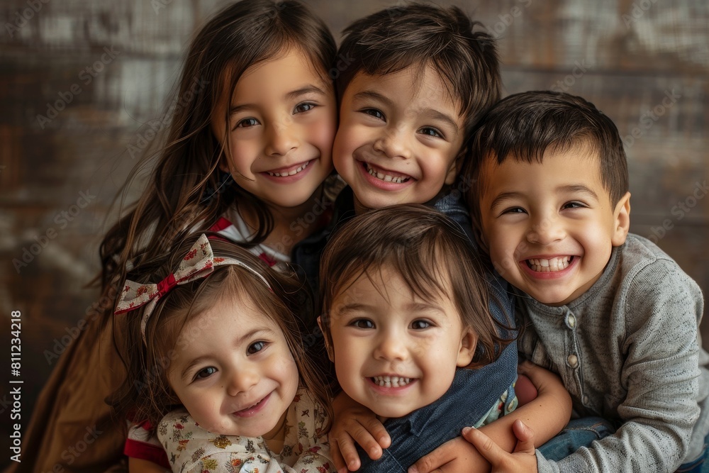 A group of young siblings showing affection by embracing each other in a heartwarming display of togetherness, A group of siblings posing for a family portrait with big smiles A group of young siblings showing affection by embracing each other in a heartwarming display of togetherness, A group of siblings posing for a family portrait with big smiles