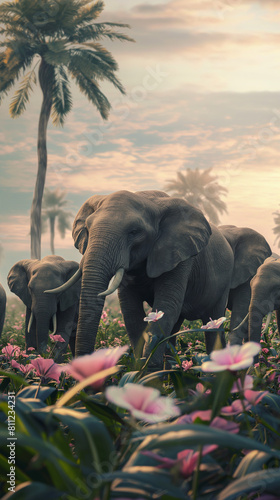 Família de elefantes na natureza Cartoon - Wallpaper  photo