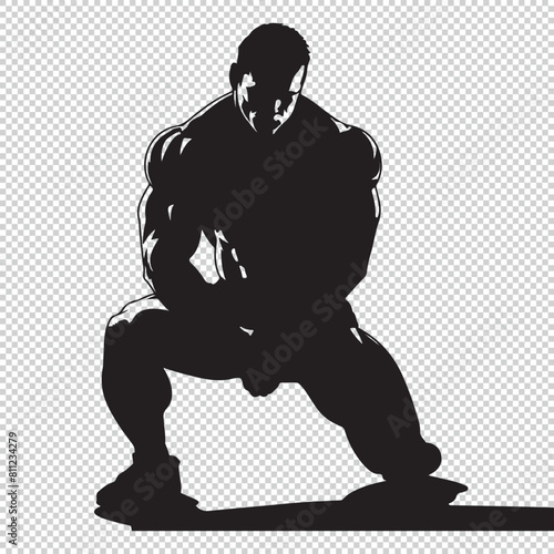 Flat struggling bodybuilder silhouette, black vector illustration on transparent background