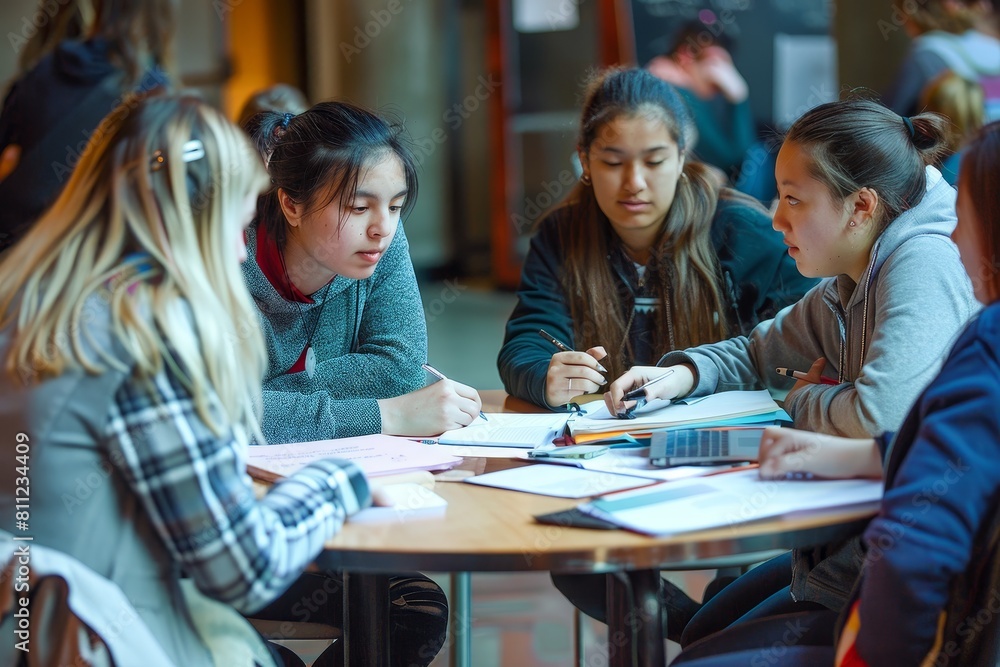 Group of students, young women, collaborating and discussing around a round table in a meeting or study session, A group of students collaborating at a round table Group of students, young women, collaborating and discussing around a round table in a meeting or study session, A group of students collaborating at a round table