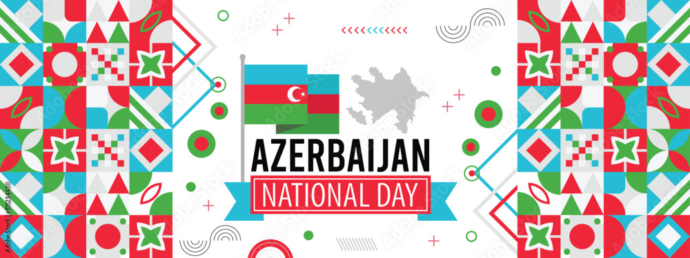 AZERBAIJAN national day banner with map, flag colors theme background and geometric abstract retro modern colorfull design