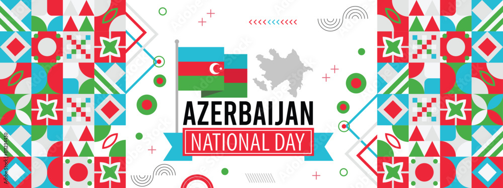 AZERBAIJAN national day banner with map, flag colors theme background and geometric abstract retro modern colorfull design AZERBAIJAN national day banner with map, flag colors theme background and geometric abstract retro modern colorfull design