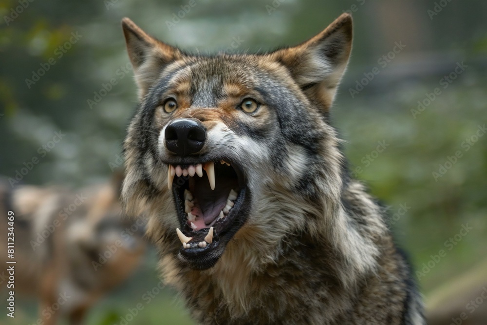 Close-up portrait of a wolf with open mouth in the forest