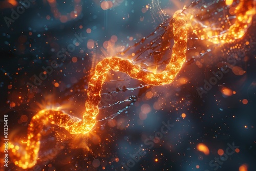 Close-up view of a DNA double helix glowing with bright orange light particles suggesting technological and medical research photo
