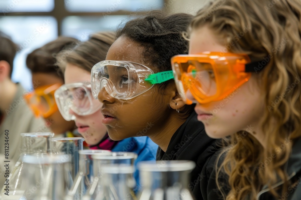 Children wearing protective eyewear for a science experiment or activity, A group of students participating in a science experiment, wearing safety goggles and gloves Children wearing protective eyewear for a science experiment or activity, A group of students participating in a science experiment, wearing safety goggles and gloves