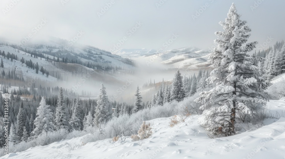 A snow covered mountain with trees and fog in the background, AI