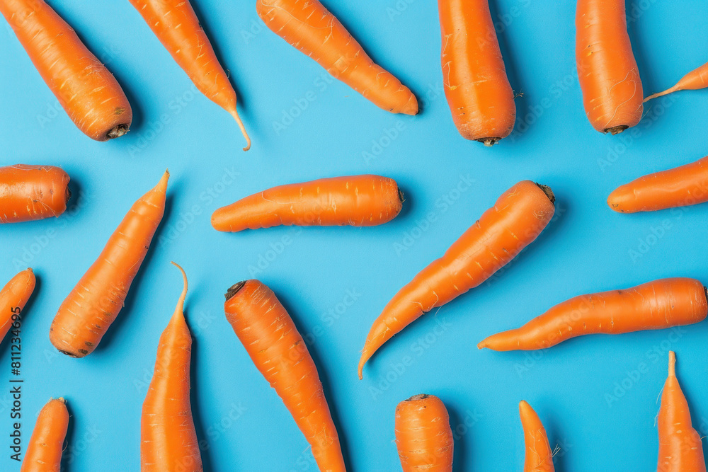 Fresh and vibrant organic carrots on a bright blue background, arranged neatly in a top view flat lay composition Fresh and vibrant organic carrots on a bright blue background, arranged neatly in a top view flat lay composition
