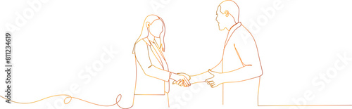 Business discussion of man and woman continuous line drawing one lineart design minimalist vector illustration. Continuous line drawing of business meeting with handshake