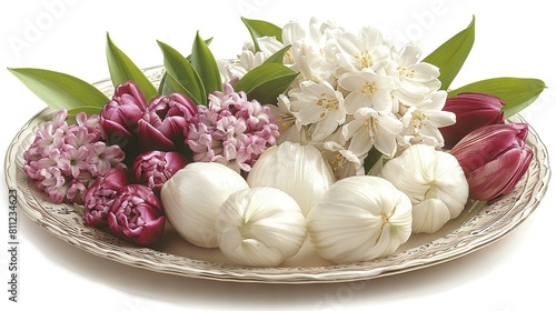   White tulips and pink flowers on a white background #811234623