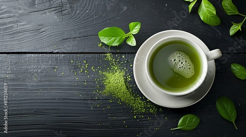 A cup of green tea on a black wooden table. photo