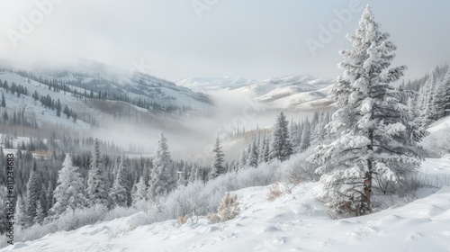 A snow covered mountain with trees and fog in the background  AI