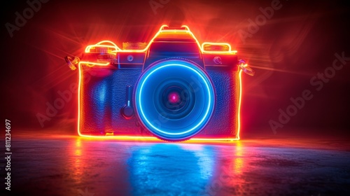 Create a neon light representation of a vintage movie camera, capturing cinematic moments with its bright lens and glowing film photo